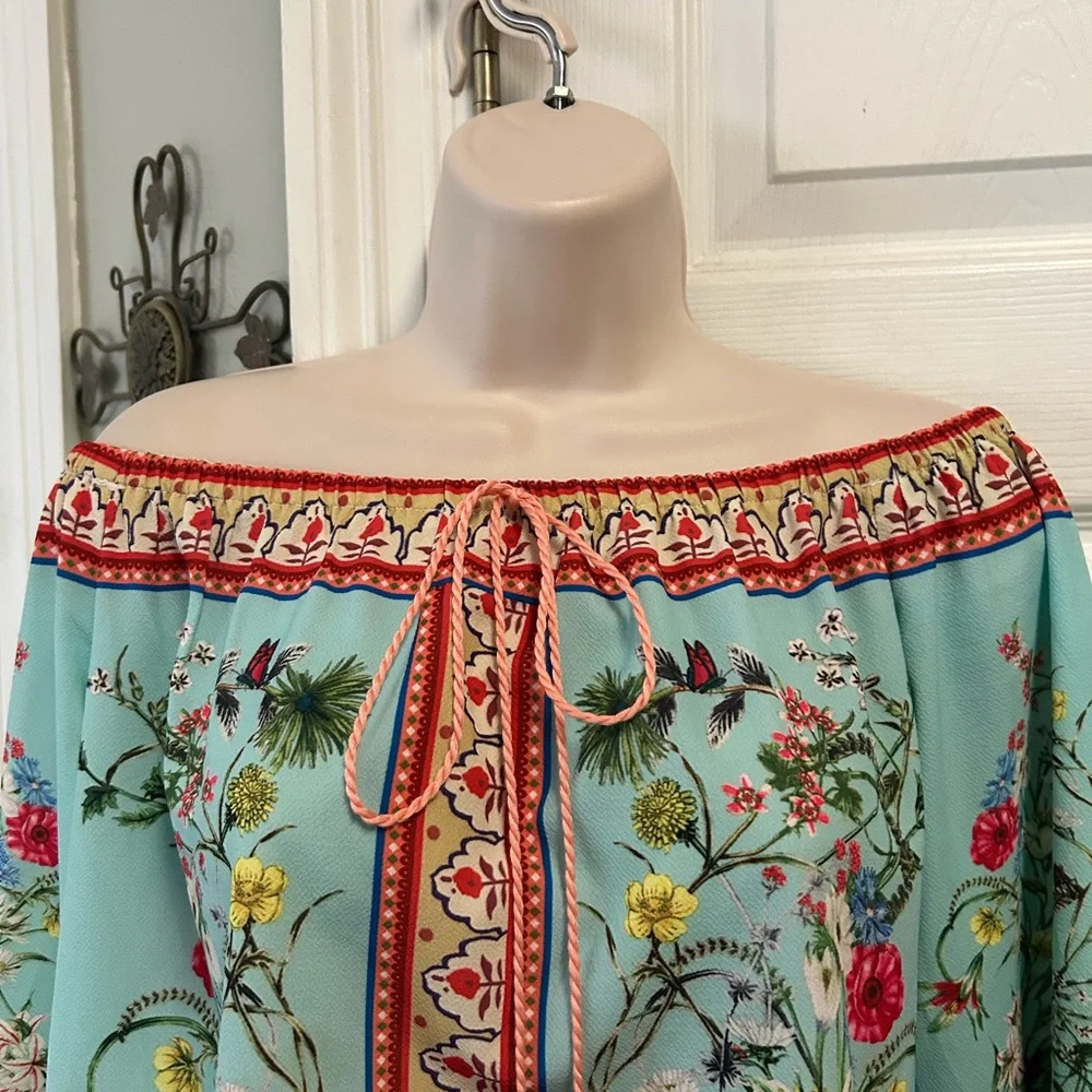 Umgee Floral Boho Blouse Off the Shoulder Small Mixed Print Womens Gypsy Top - Picture 3 of 9